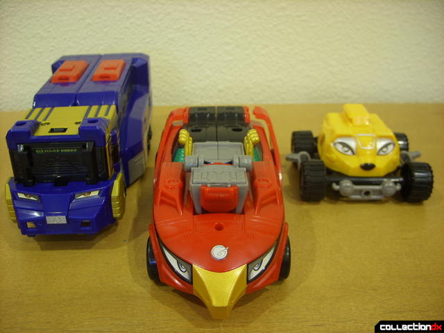 High Octane Megazord- Zord Attack Vehicles Lion Hauler (L), Eagle Racer (C), and Bear Crawler (R)