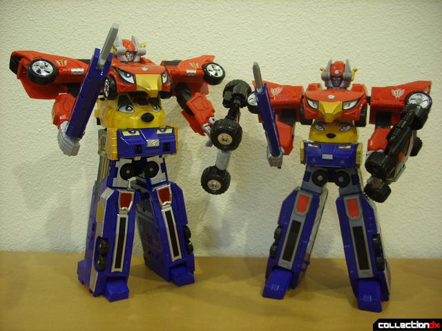 posed with weapons- DX Engine Gattai Engine-Oh (L) and High Octane Megazord (R)