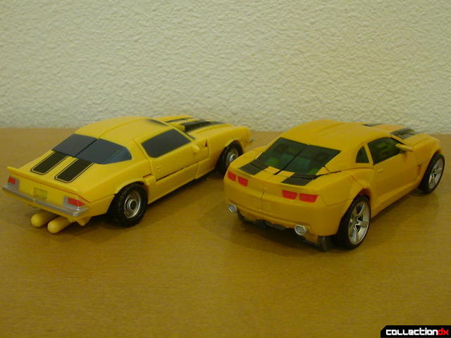 back view- Classic Camaro (left) and Battle Scenes Bumblebee (right) in vehicle mode