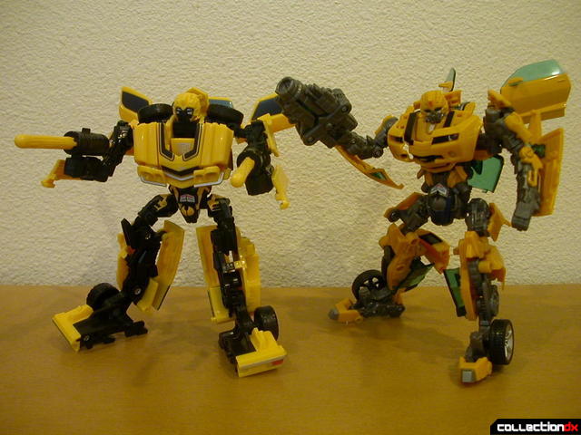 Classic Camaro (left) and Battle Scenes Bumblebee (right) posed with weapons
