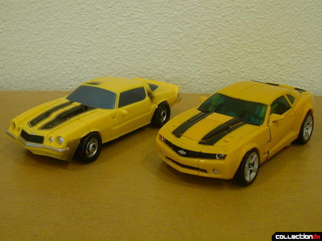 front view- Classic Camaro (left) and Battle Scenes Bumblebee (right) in vehicle mode