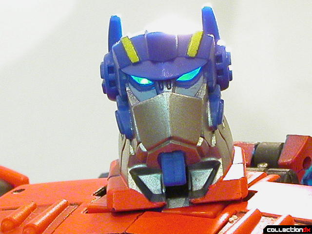 Autobot Optimus Prime- robot mode (head detail, faceplate raised, eyes lit from behind)