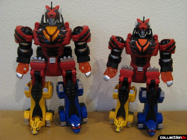 front view- Deluxe Jungle Pride Megazord (L) and Transforming Jungle Pride Megazord (R)