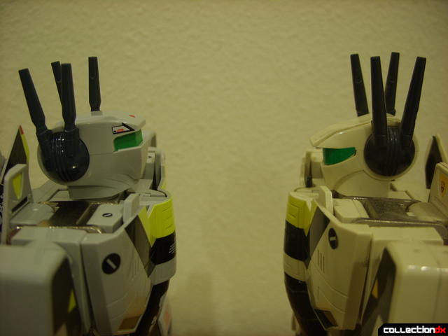 Origin of Valkyrie VF-1S (R) and 1990 reissue (L) in Battroid Mode (head comparrison)