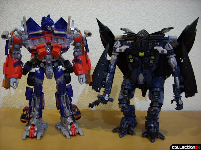 RotF Leader-class Autobot Jetfire (R, not hunched) and Optimus Prime (L) in robot mode