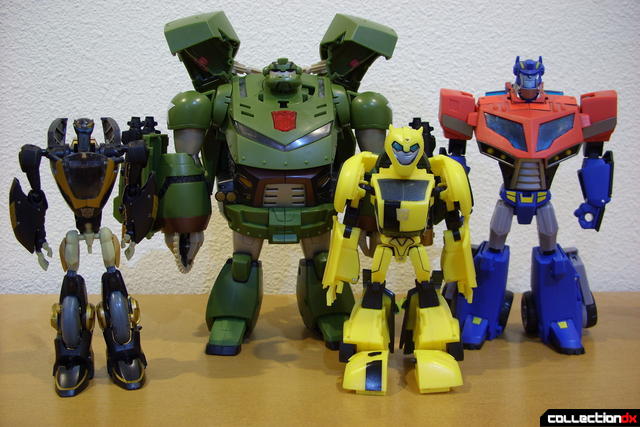 L-to-R- Autobots Prowl, Bulkhead, Bumblebee, and Optimus Prime